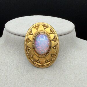Antique Gold-Tone Oval Brooch With Iridescent Opal Glass Center Sunburst 2"x1.5"